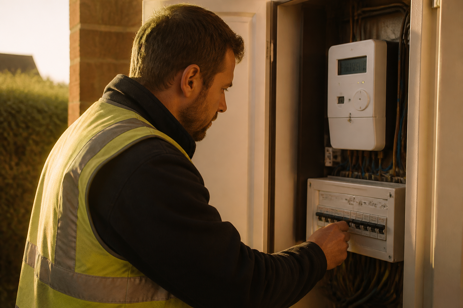 An electrician examining a UK domestic smart meter and consumer unit in a home utility cupboard.