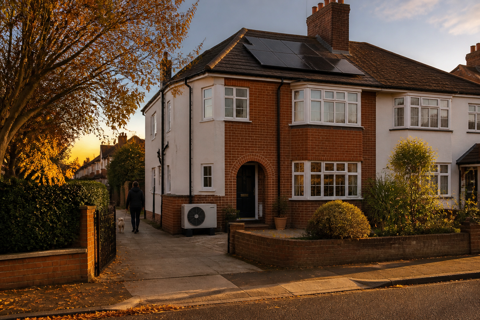 A British semi-detached house featuring roof solar panels and an outdoor heat pump under autumn daylight.