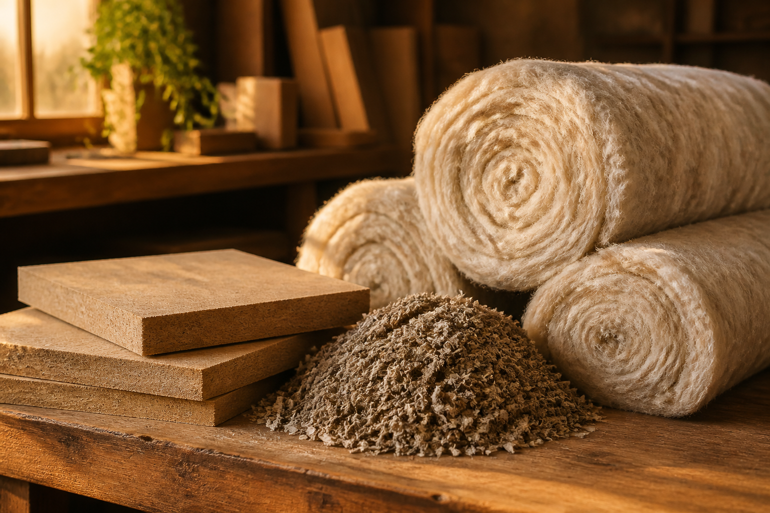Samples of bio-based insulation materials including wood fibre board and sheep wool on a workshop table