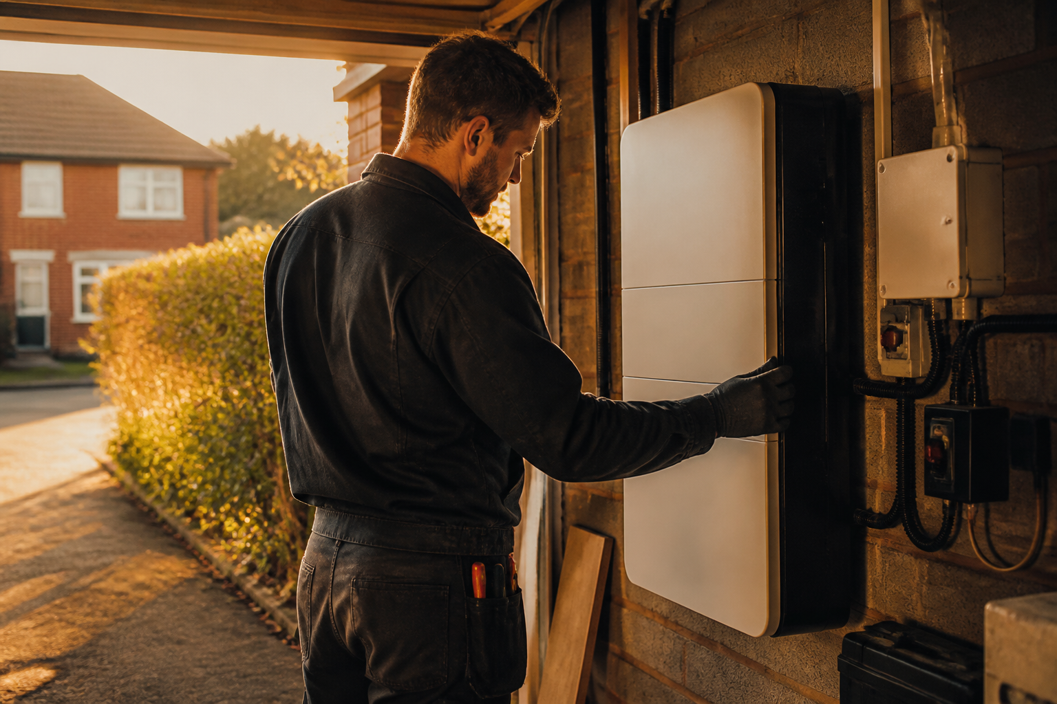 Installer checking a wall-mounted home energy battery system inside a UK garage.