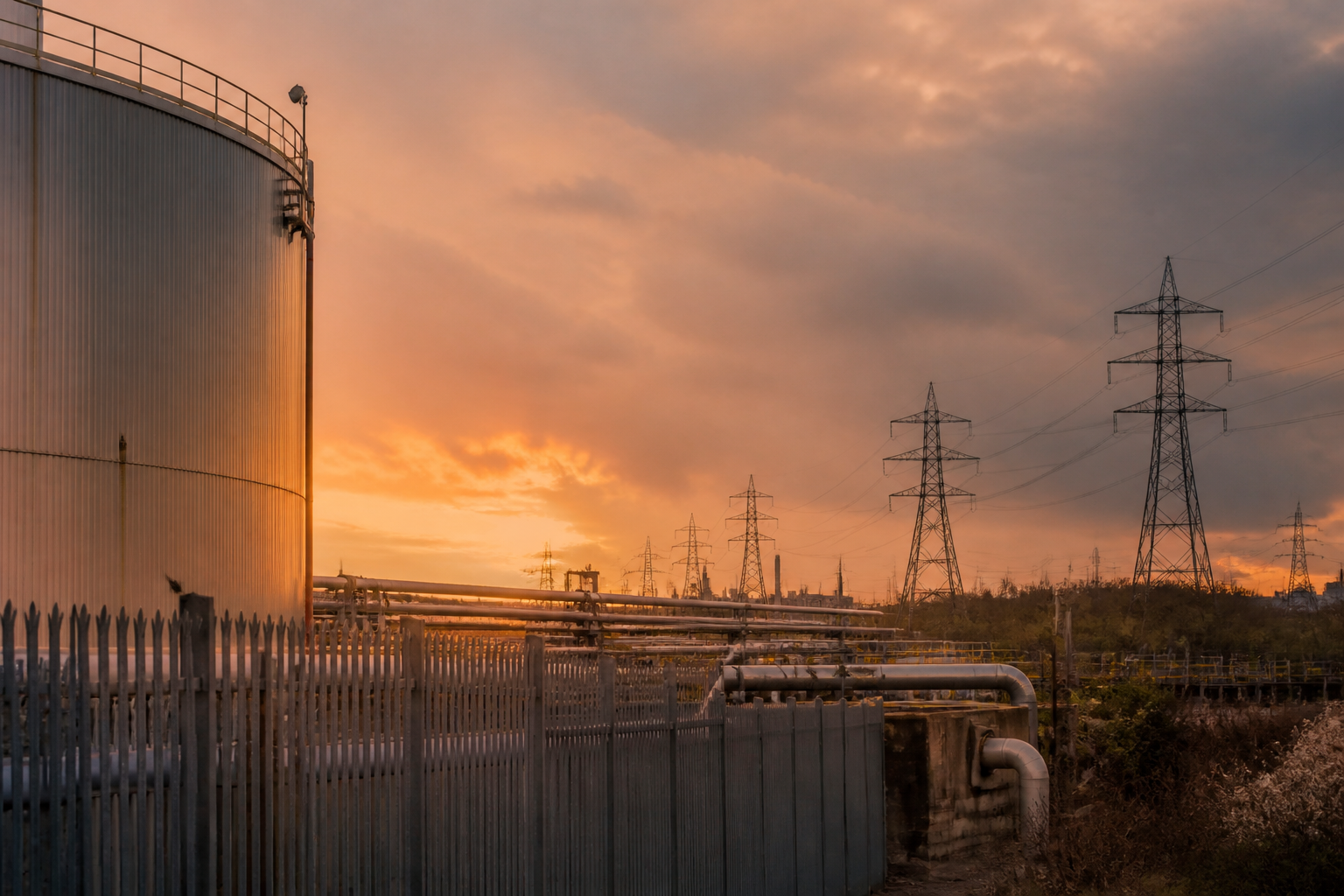 UK industrial manufacturing facility and gas infrastructure near power lines under a cloudy sky.