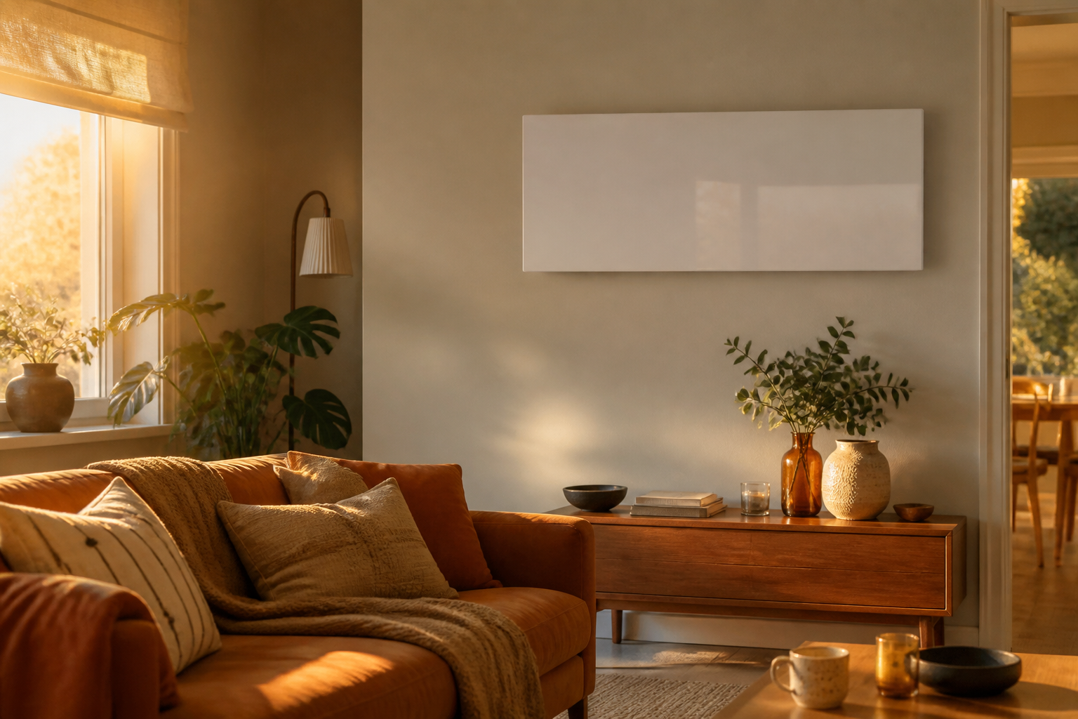 White infrared heating panel installed on a living room wall in a UK home