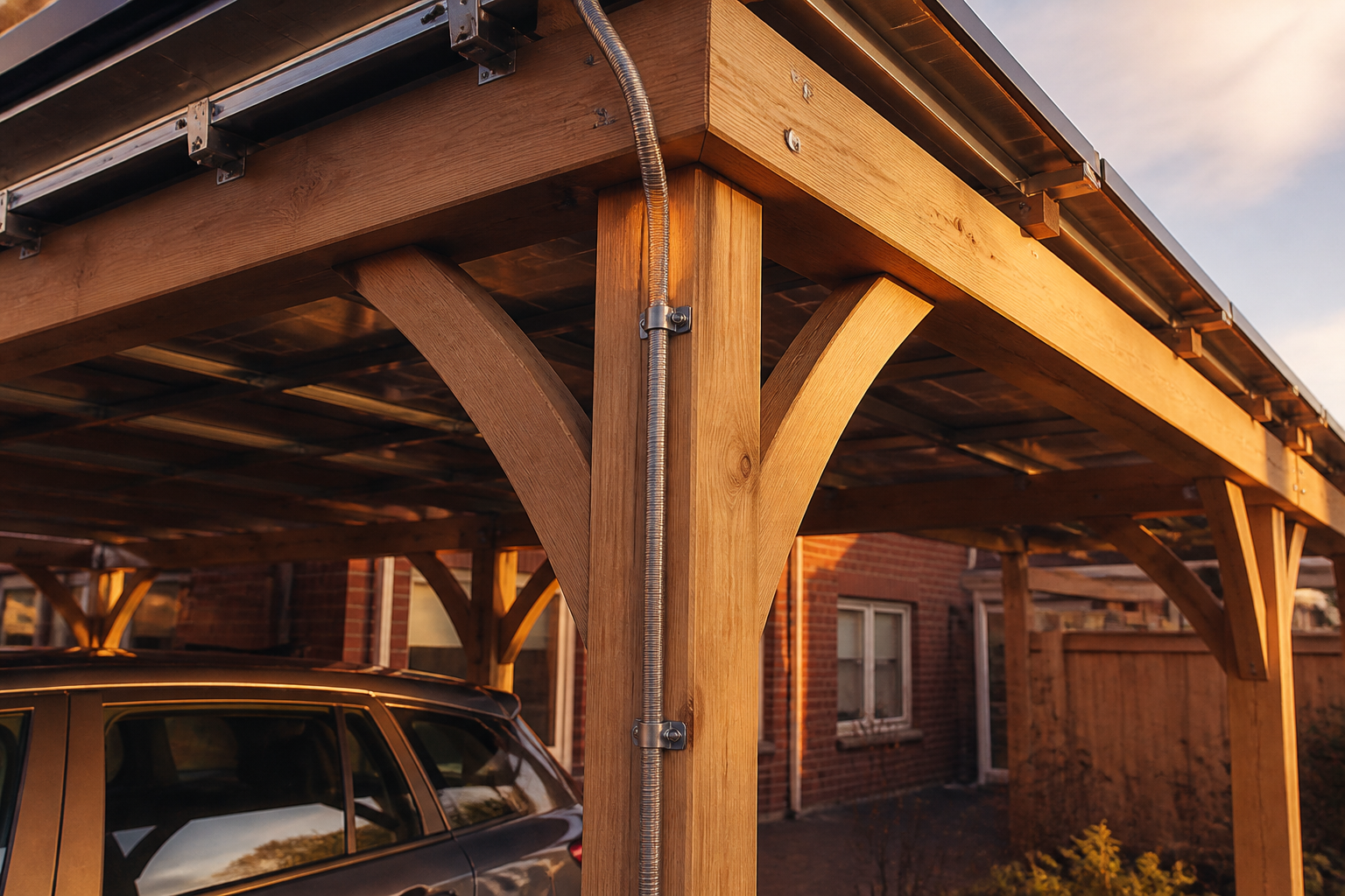 Close-up of a timber solar carport support structure and electrical conduit on a residential UK driveway.