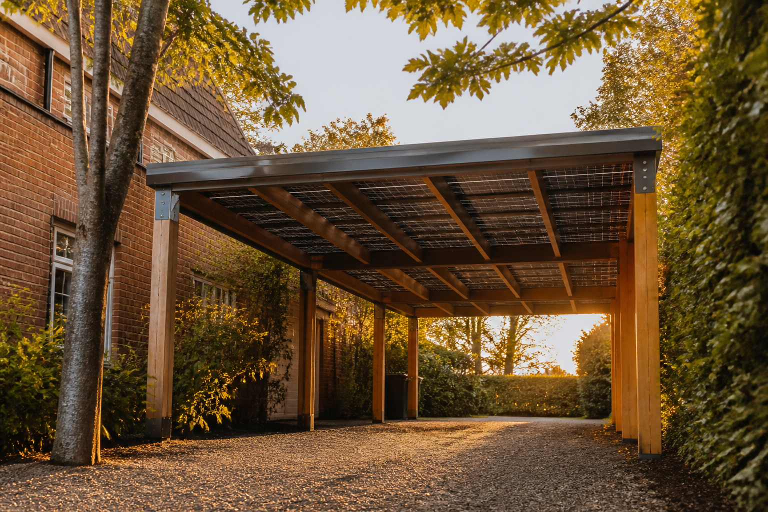 A domestic solar carport with integrated solar panels mounted over a car parked on a UK driveway.