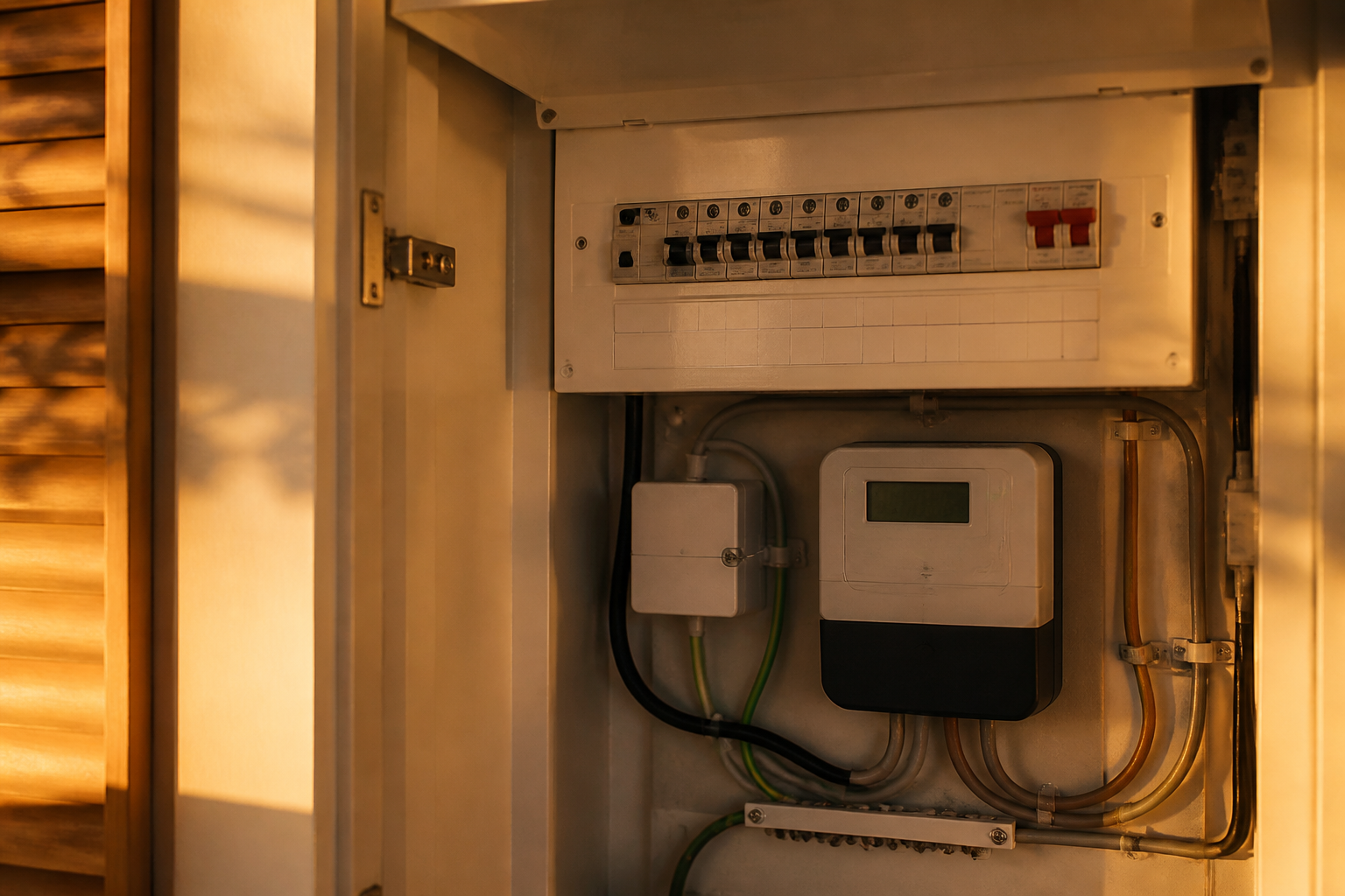 A UK domestic electrical consumer unit and smart meter panel inside a home utility space.