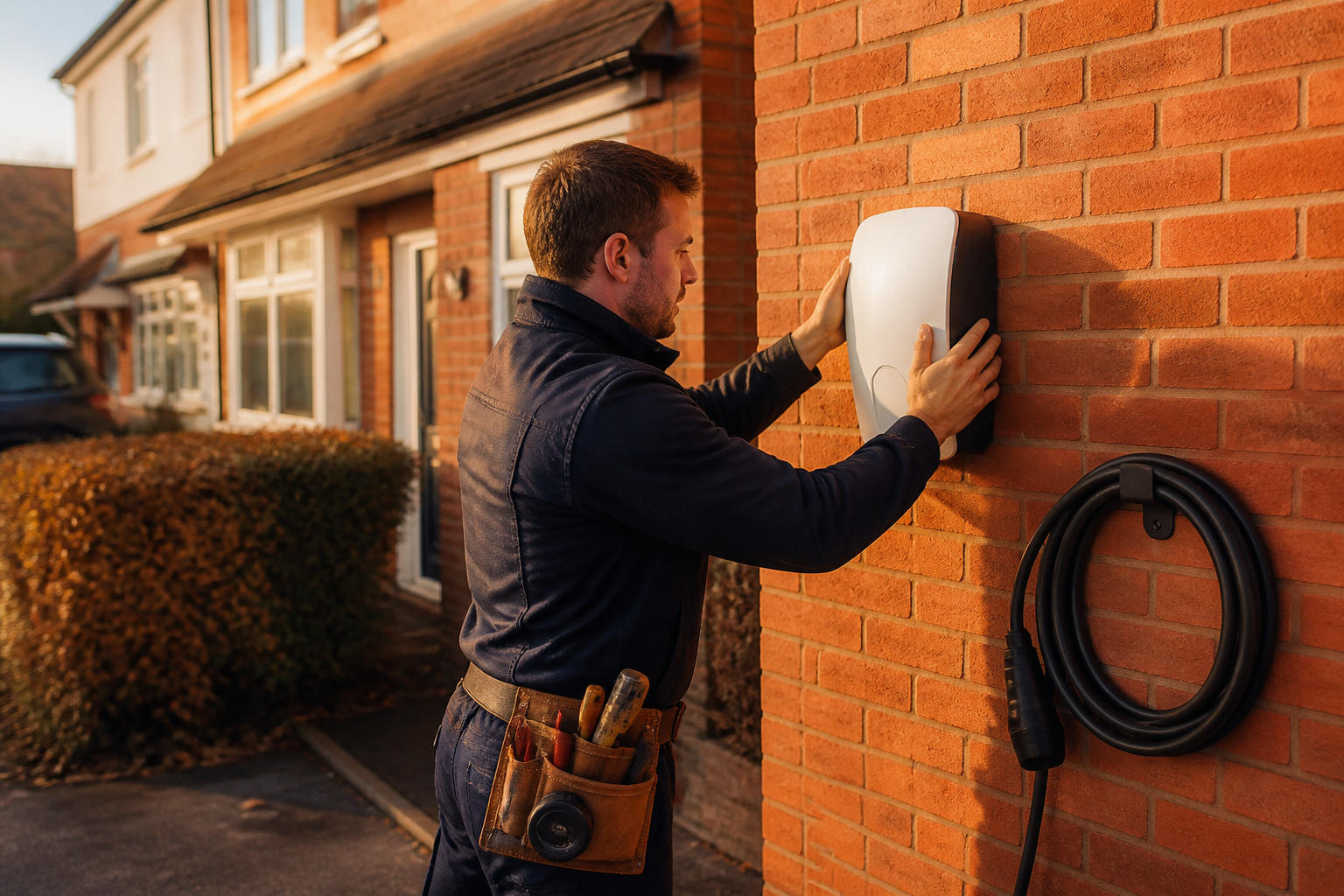 An electrician installing a white wall-mounted EV charger on a red brick home wall.