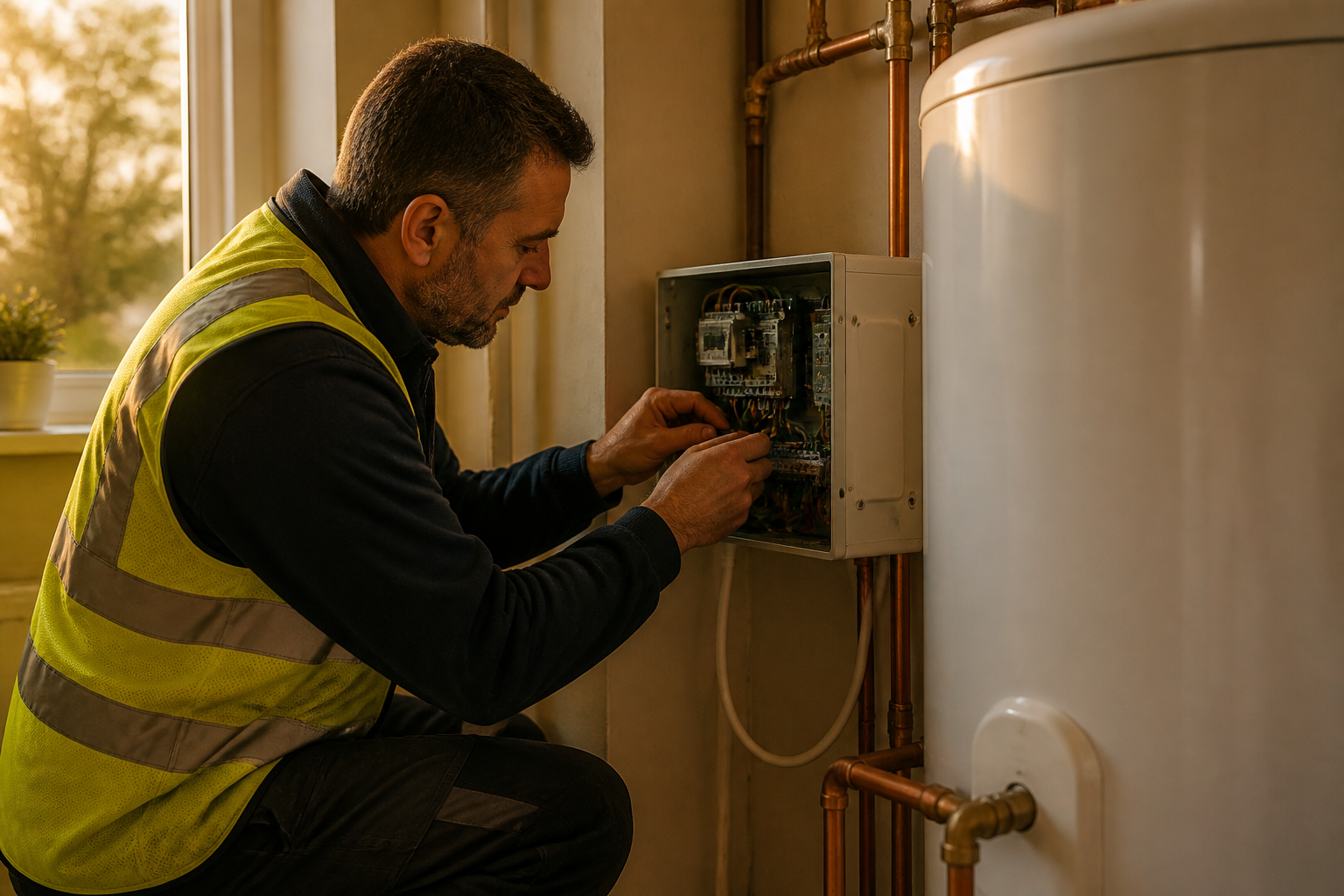 An electrician connecting wiring to a solar hot water control unit in a utility space.