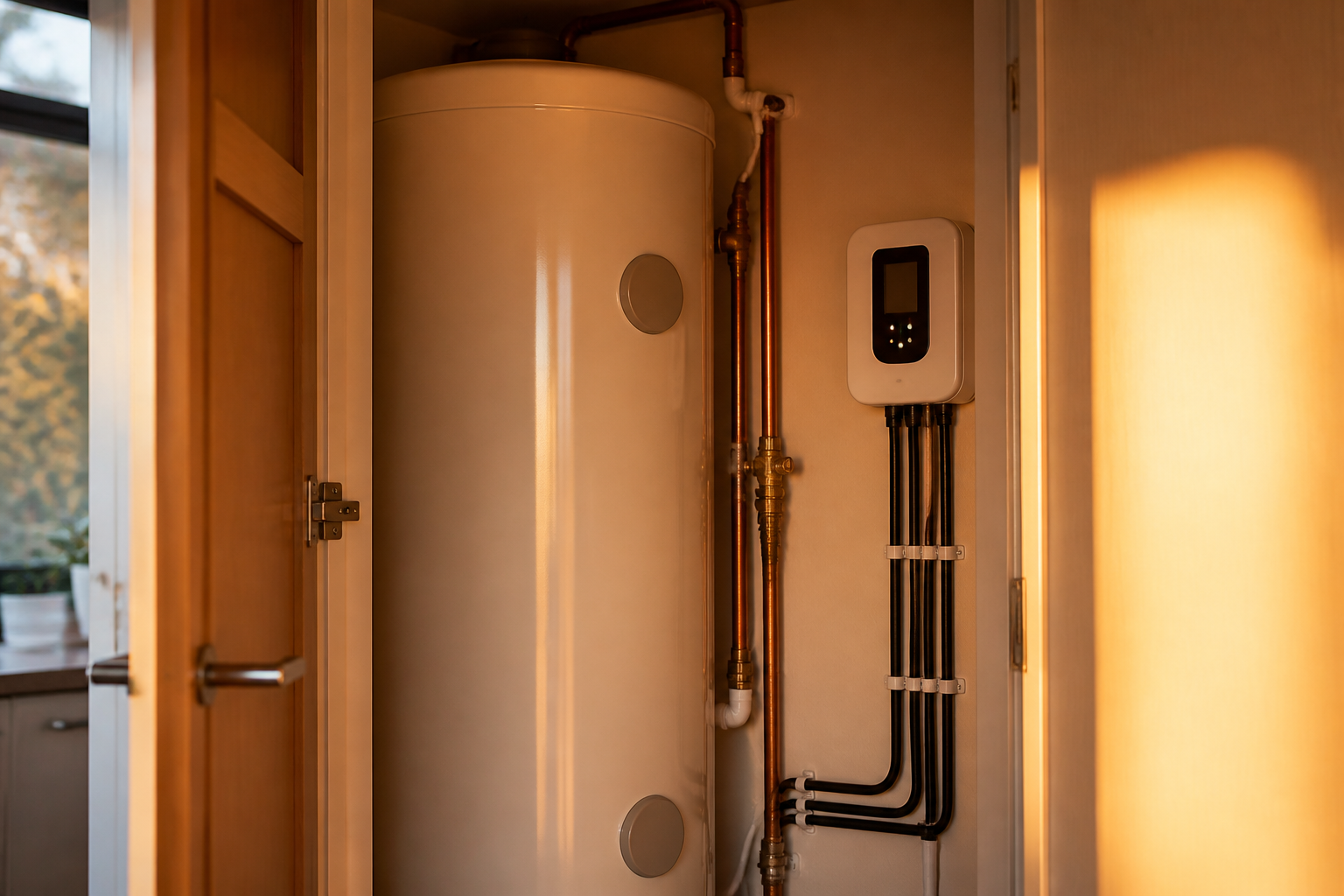 A modern British hot water cylinder with a wall-mounted solar immersion diverter unit installed in a utility cupboard.