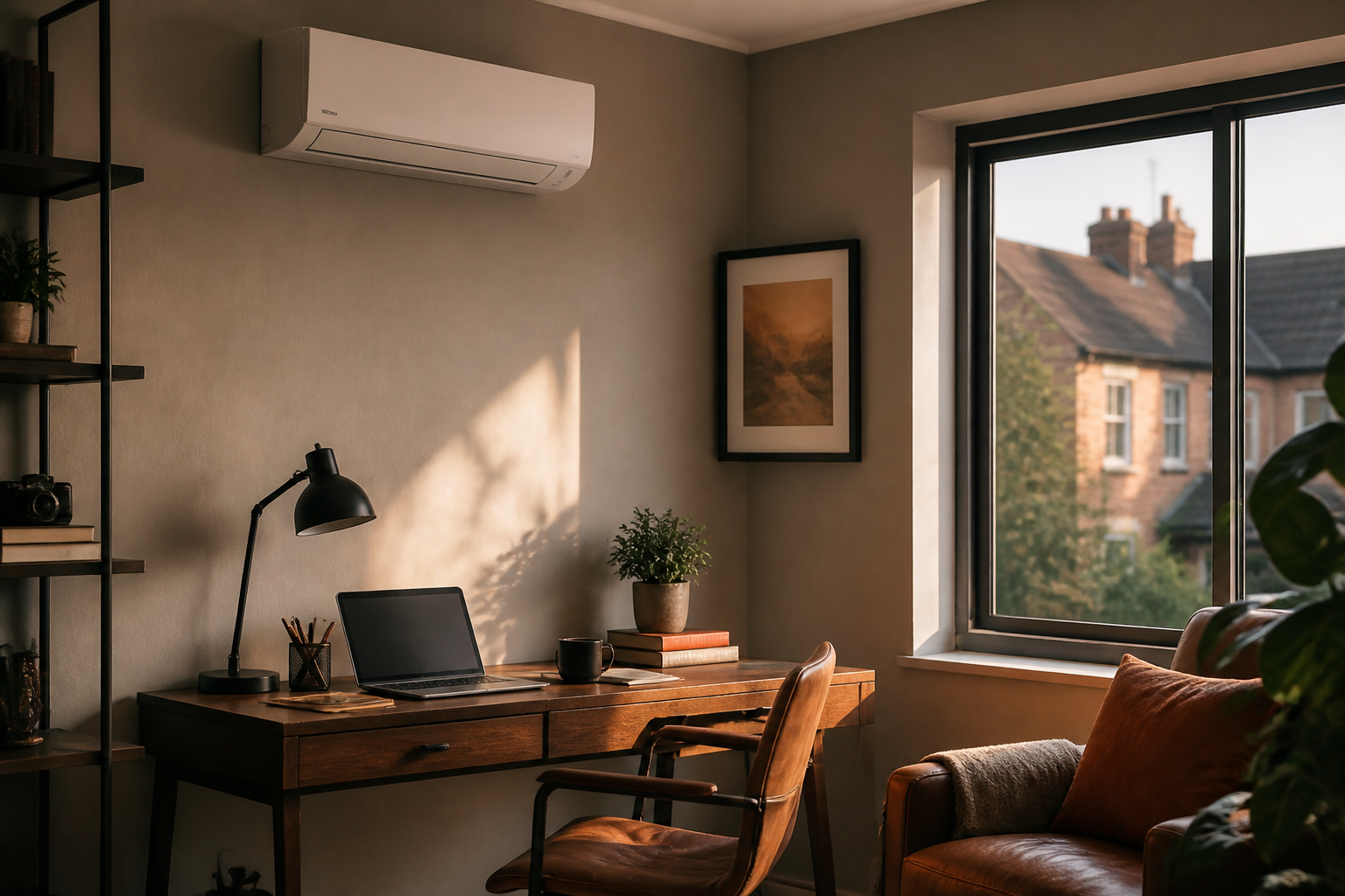An indoor air-to-air heat pump unit mounted on a wall in a brightly lit modern UK home office