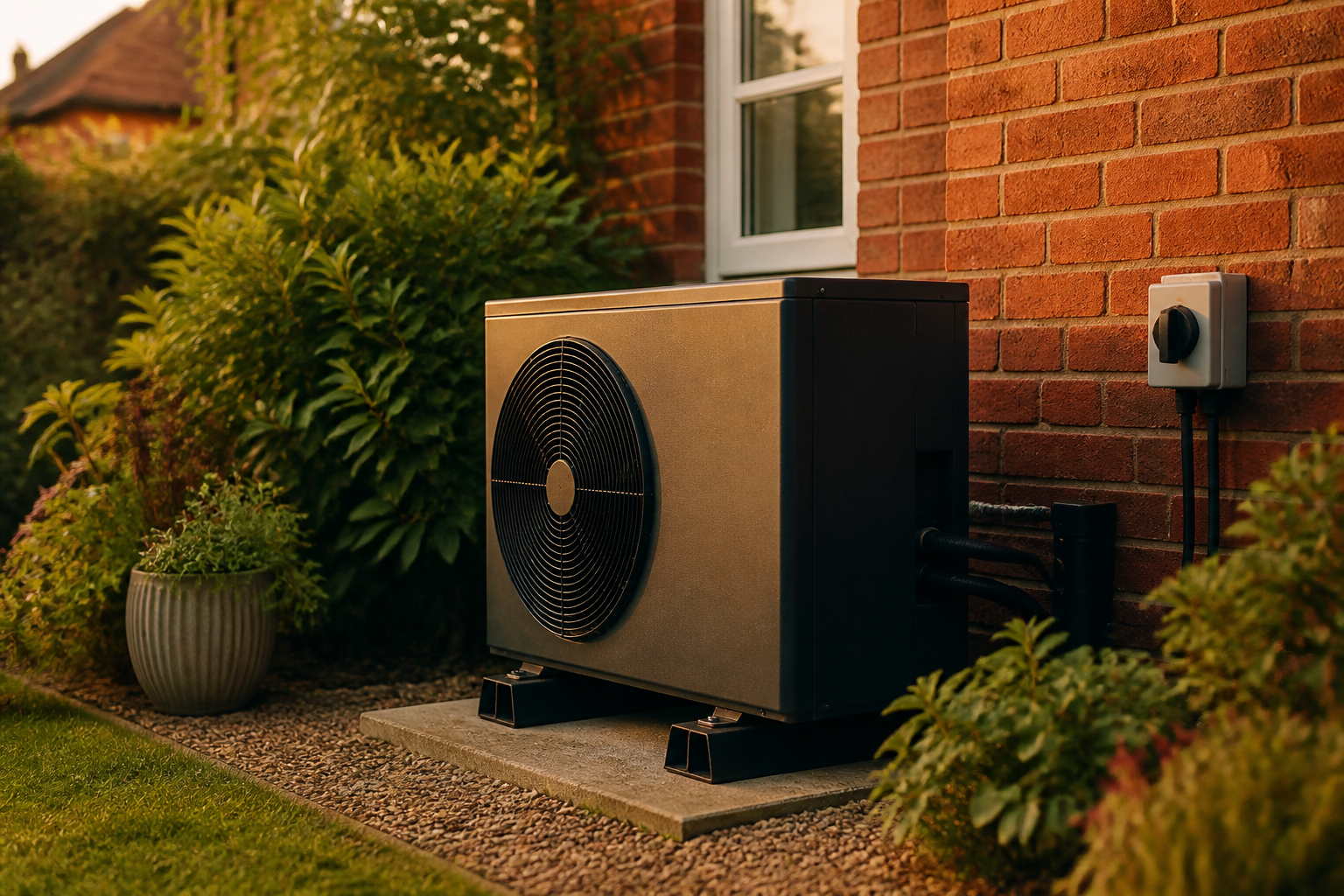 An outdoor heat pump unit installed on rubber pads against a red brick UK house wall
