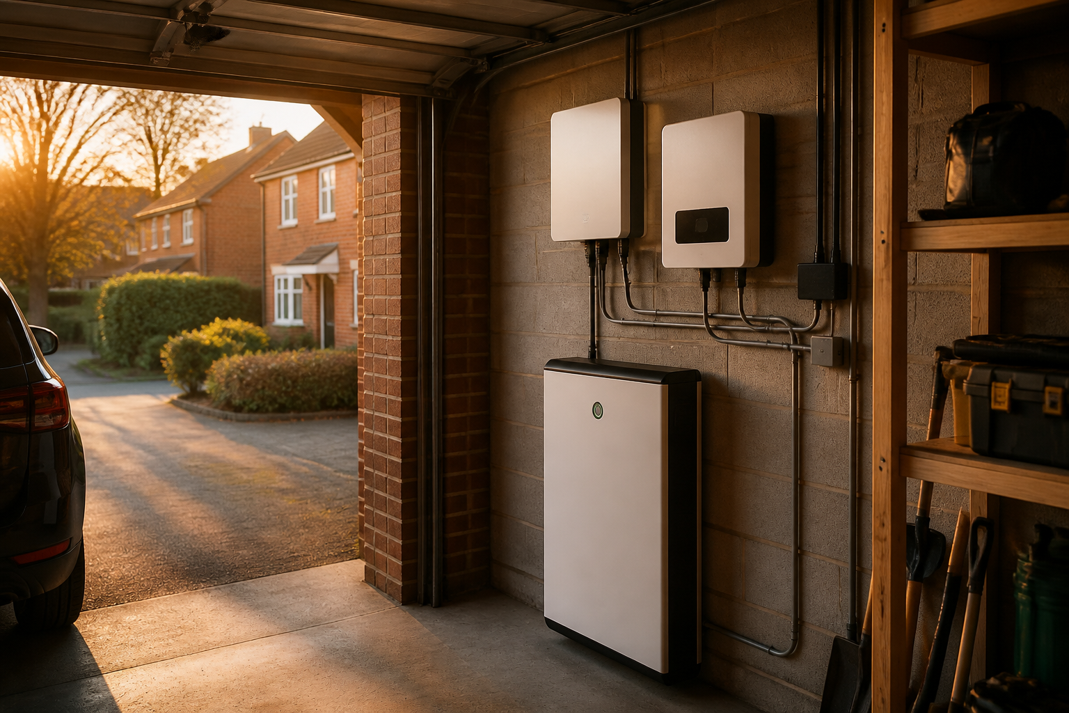 A home battery storage unit installed on a garage wall in a UK house