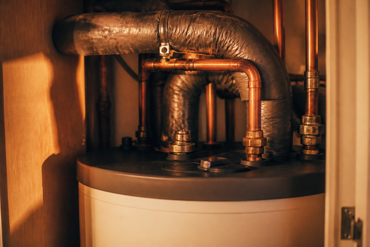 Insulated air ducting connected to top of a heat pump water heater cylinder.