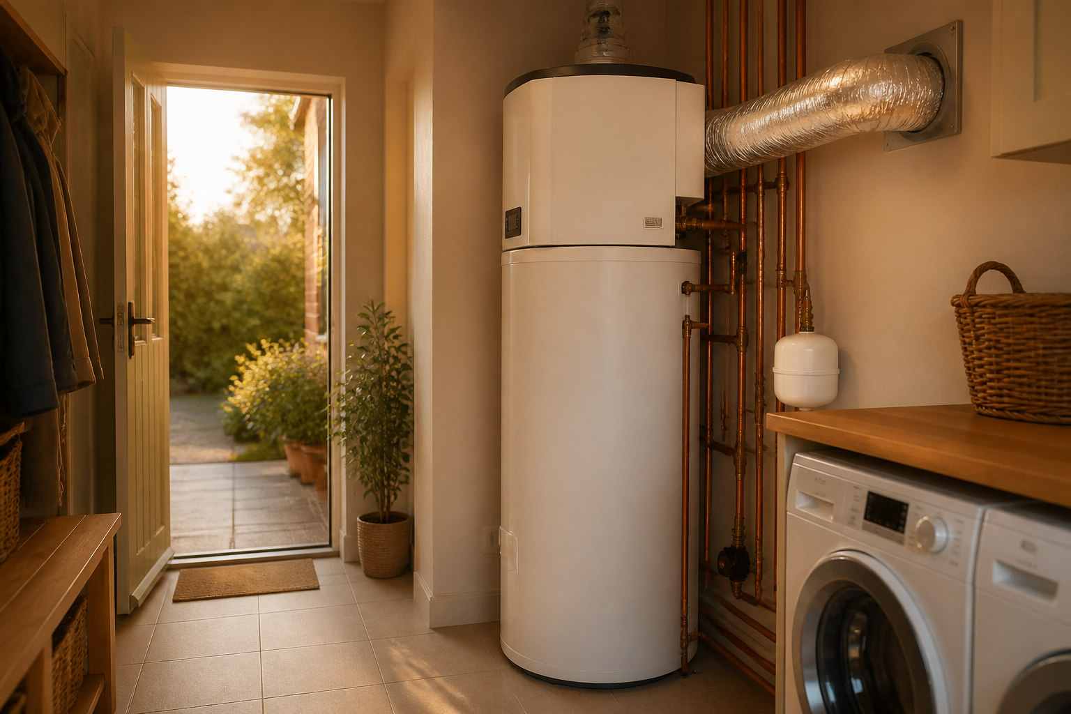 A modern heat pump hot water cylinder installed with neat copper plumbing and wall ducting in a UK home.