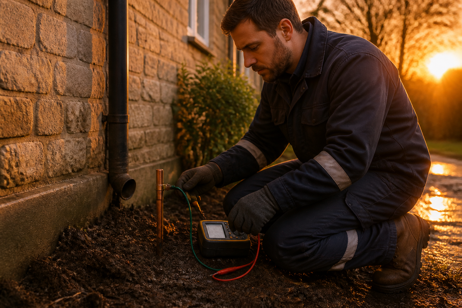 An electrician testing an earth rod installation outside a UK home.