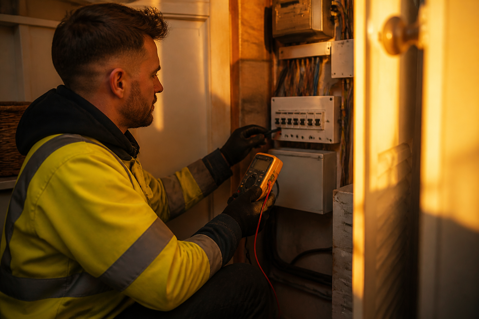 An electrician examining a residential consumer unit and main service fuse inside a utility meter cupboard.