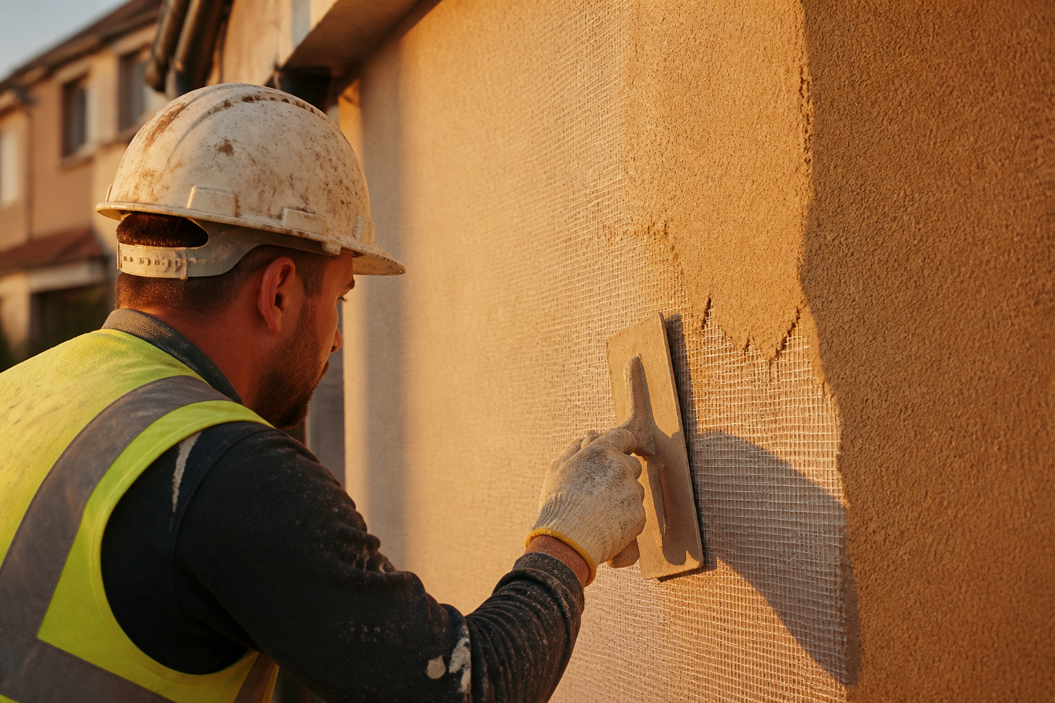 Installer applying topcoat render over external wall insulation boards on a UK property.