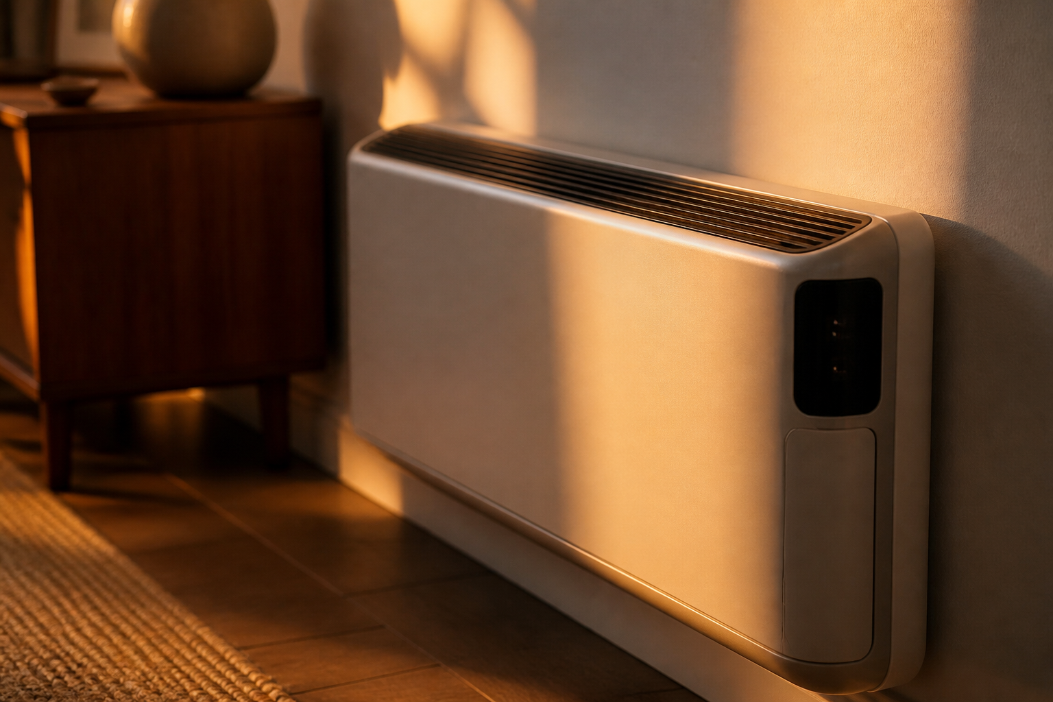 A compact fan convector radiator with digital controls installed on a modern interior wall.