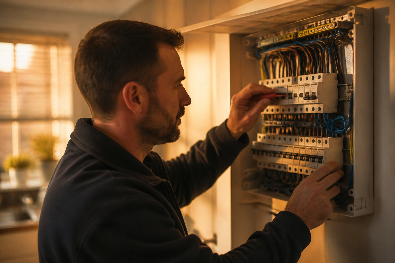 An electrician checking electrical consumer unit wiring inside a British home.