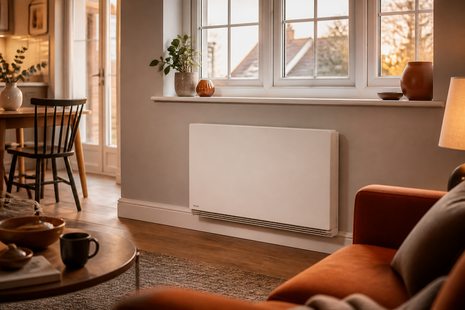 A modern high heat retention storage heater installed under a window in a British home living room.