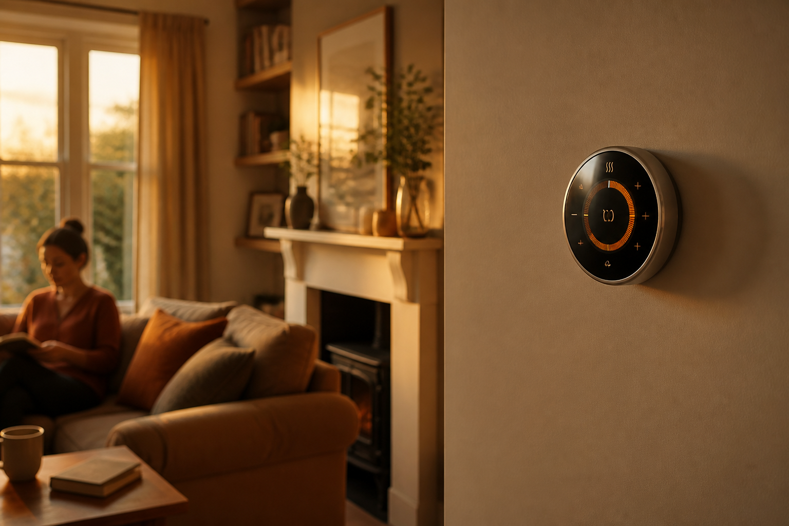 A digital smart thermostat mounted on a UK home wall displaying heating control settings.