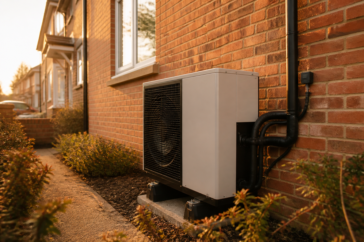 An outdoor air source heat pump unit installed against the exterior brick wall of a UK home.