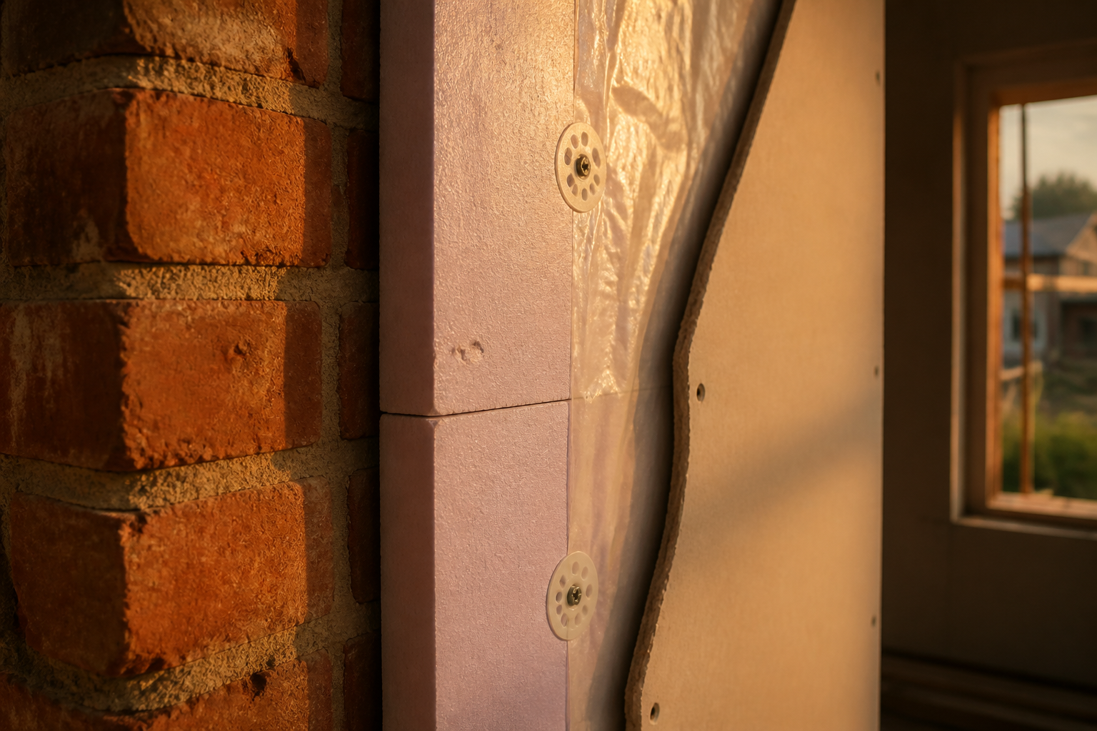 Cross-section showing layers of internal wall insulation fitted against solid brickwork.