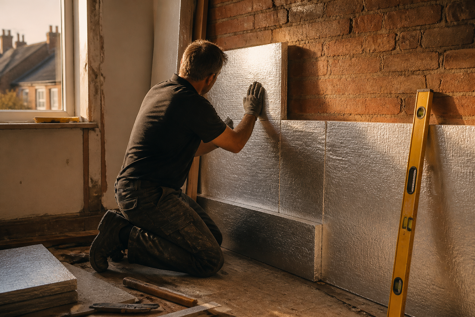 Installer fitting rigid internal wall insulation boards inside a UK house room.