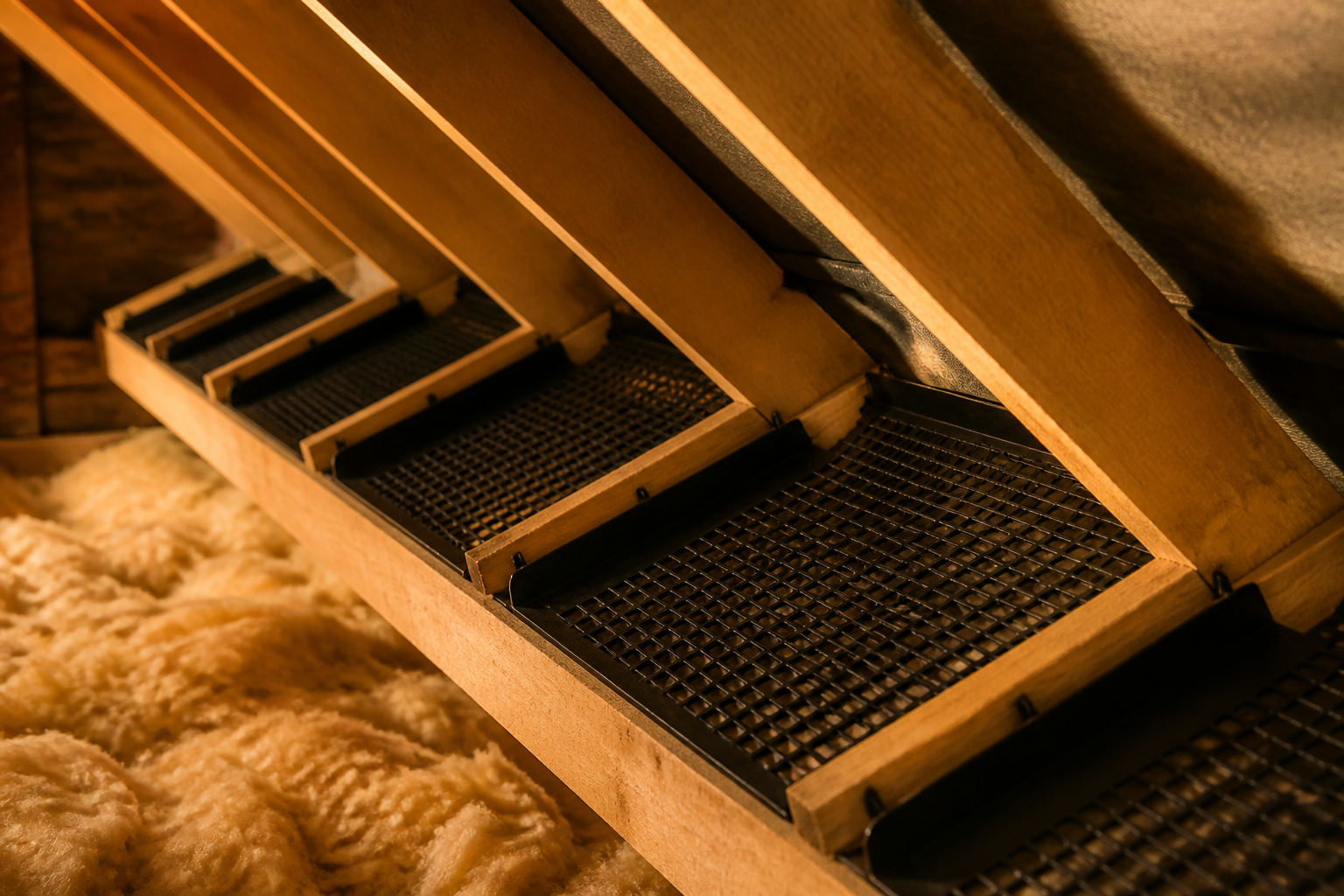 Plastic ventilation trays fitted along loft eaves to maintain airflow above insulation layer.