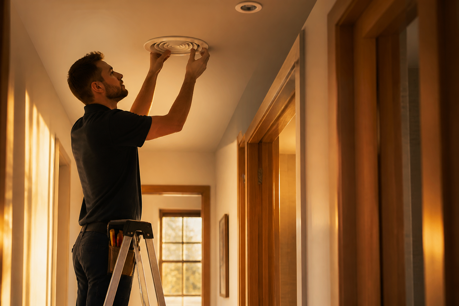 An electrician installing a ceiling diffuser for a Positive Input Ventilation system.