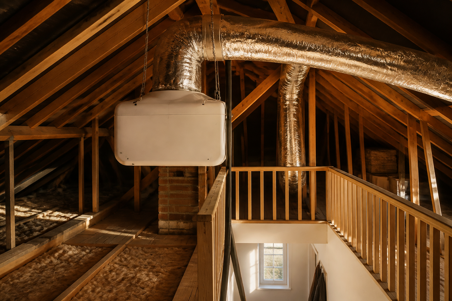 A loft-mounted Positive Input Ventilation system installed in a UK attic space.