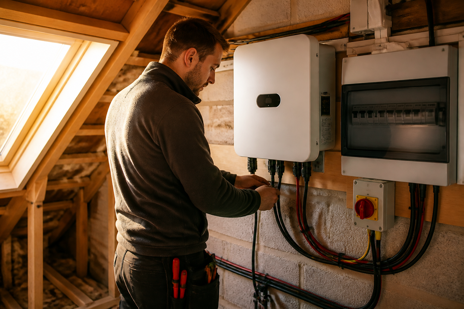 An electrician wiring a solar inverter inside a UK house loft space.
