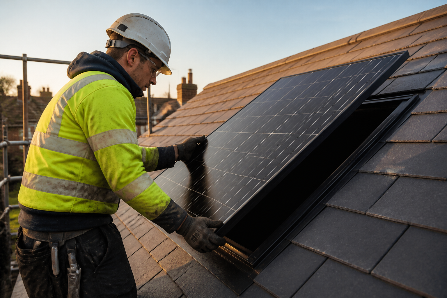 A roofer installing a flush roof-integrated solar panel on a slate roof of a UK house.
