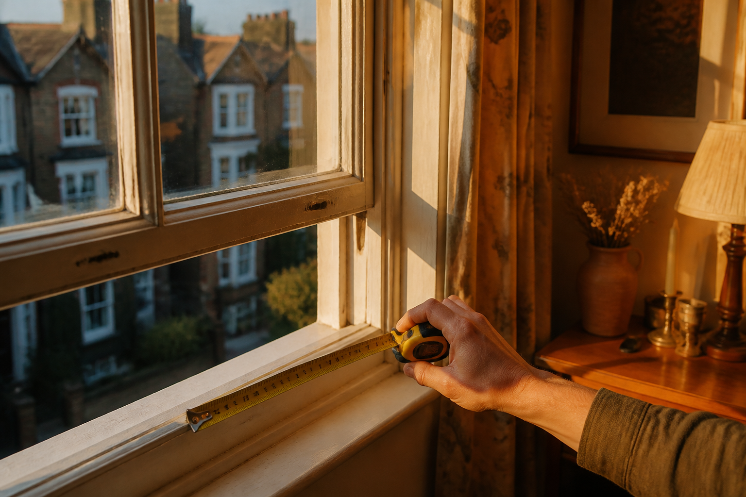 Measuring the depth of a window frame reveal before installing secondary glazing.