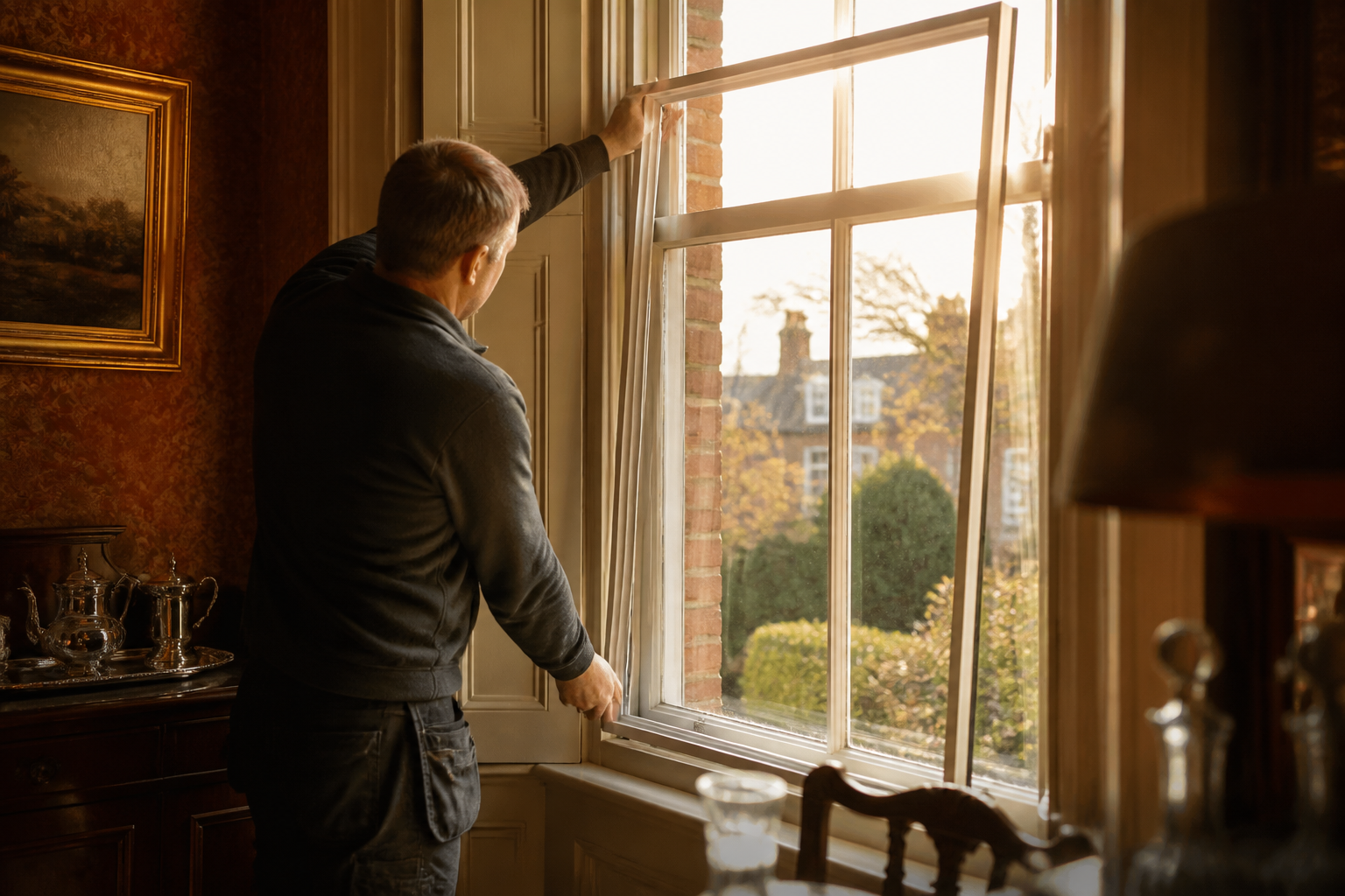 An installer fitting slim secondary glazing over an original sash window in a UK home.