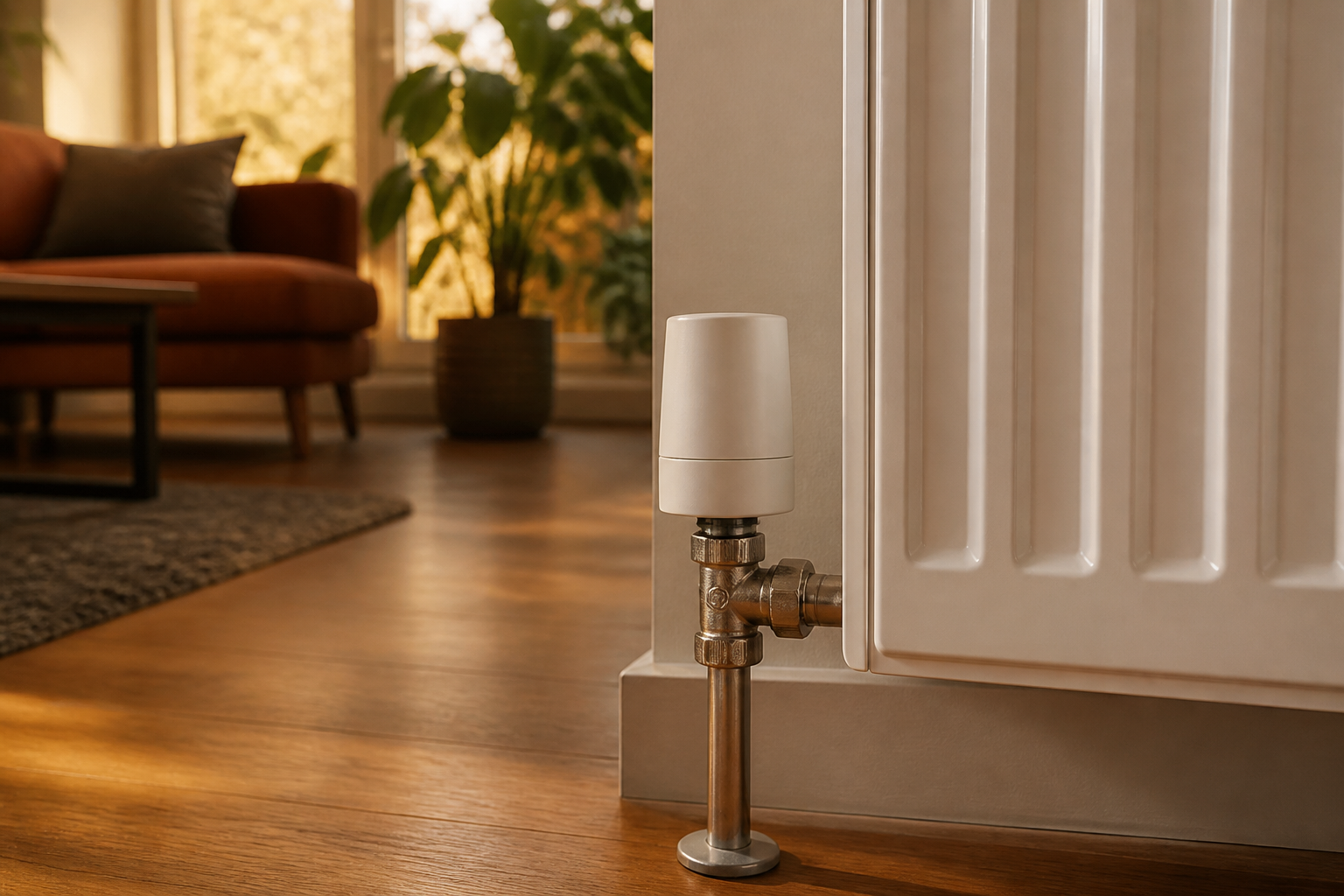 A white smart thermostatic radiator valve fitted on a home radiator in a modern room.