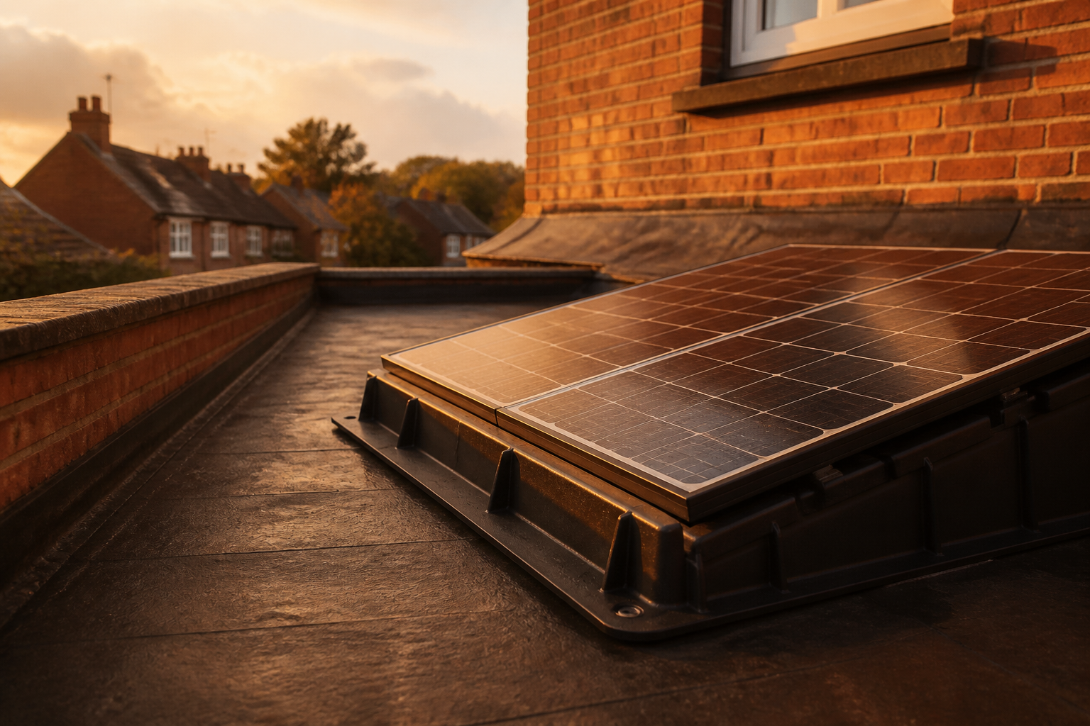 A ballasted solar panel mounting tub on an EPDM flat roof.
