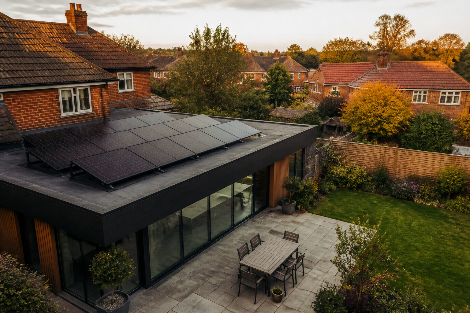 Black solar panels mounted on ballasted frames on a residential UK flat roof extension.