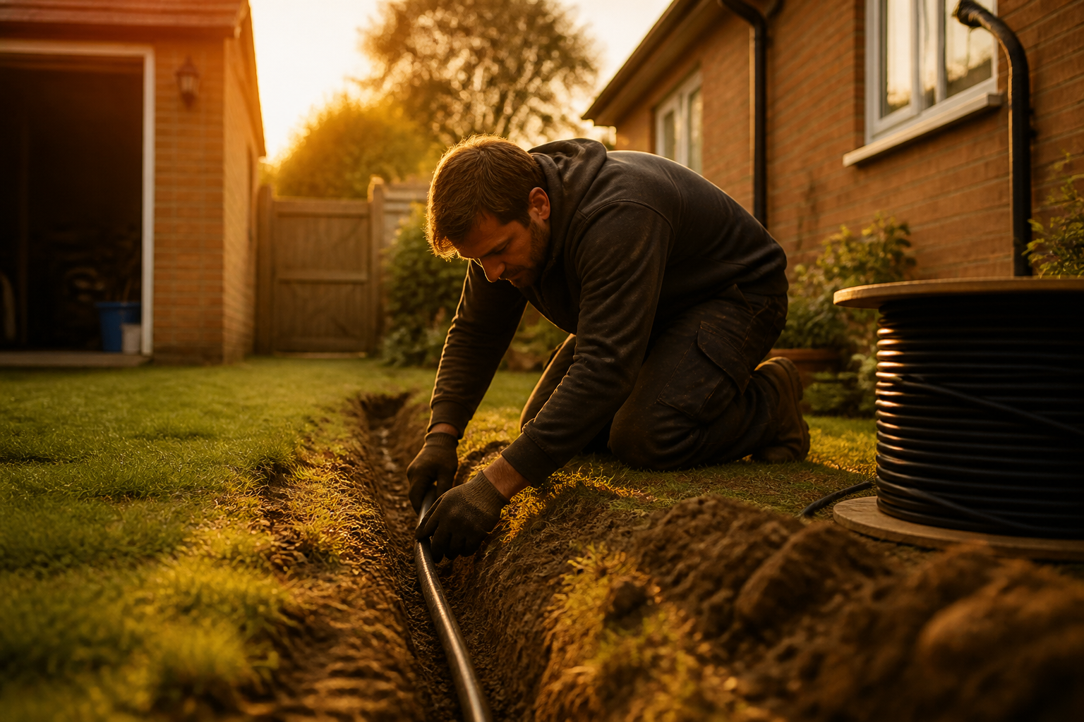 An electrician laying armoured electrical cable in a garden trench between a detached garage and house.