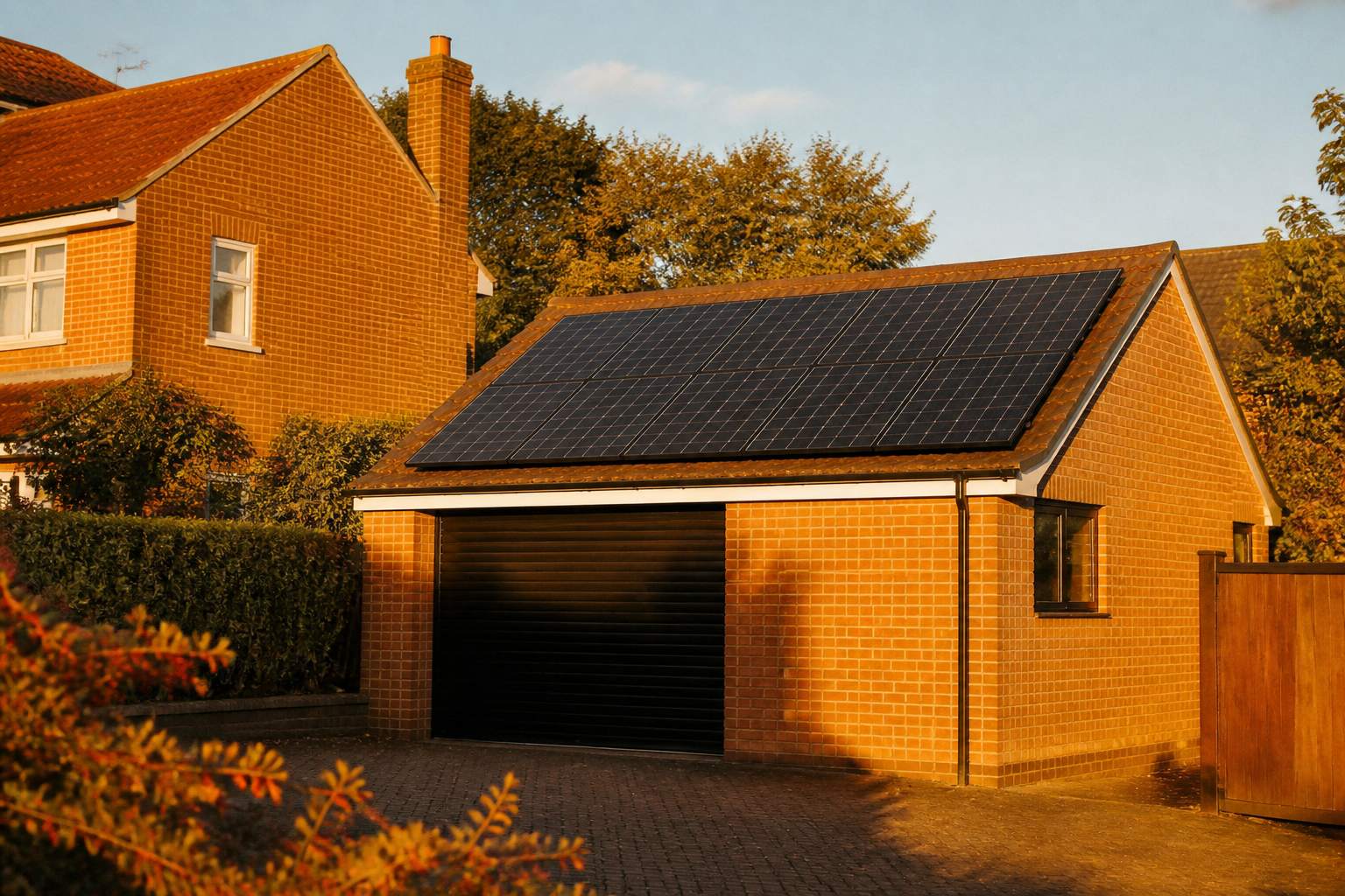 Solar panels installed on the roof of a detached garage next to a suburban house in the UK.
