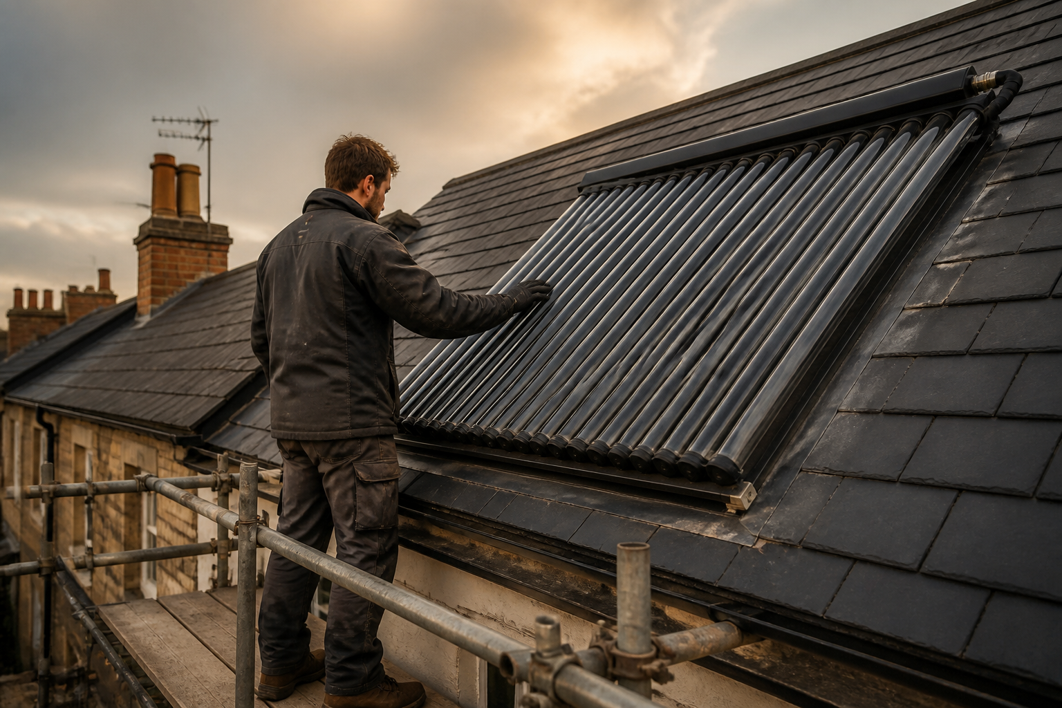 An installer inspecting solar thermal collectors mounted on a roof in the UK.