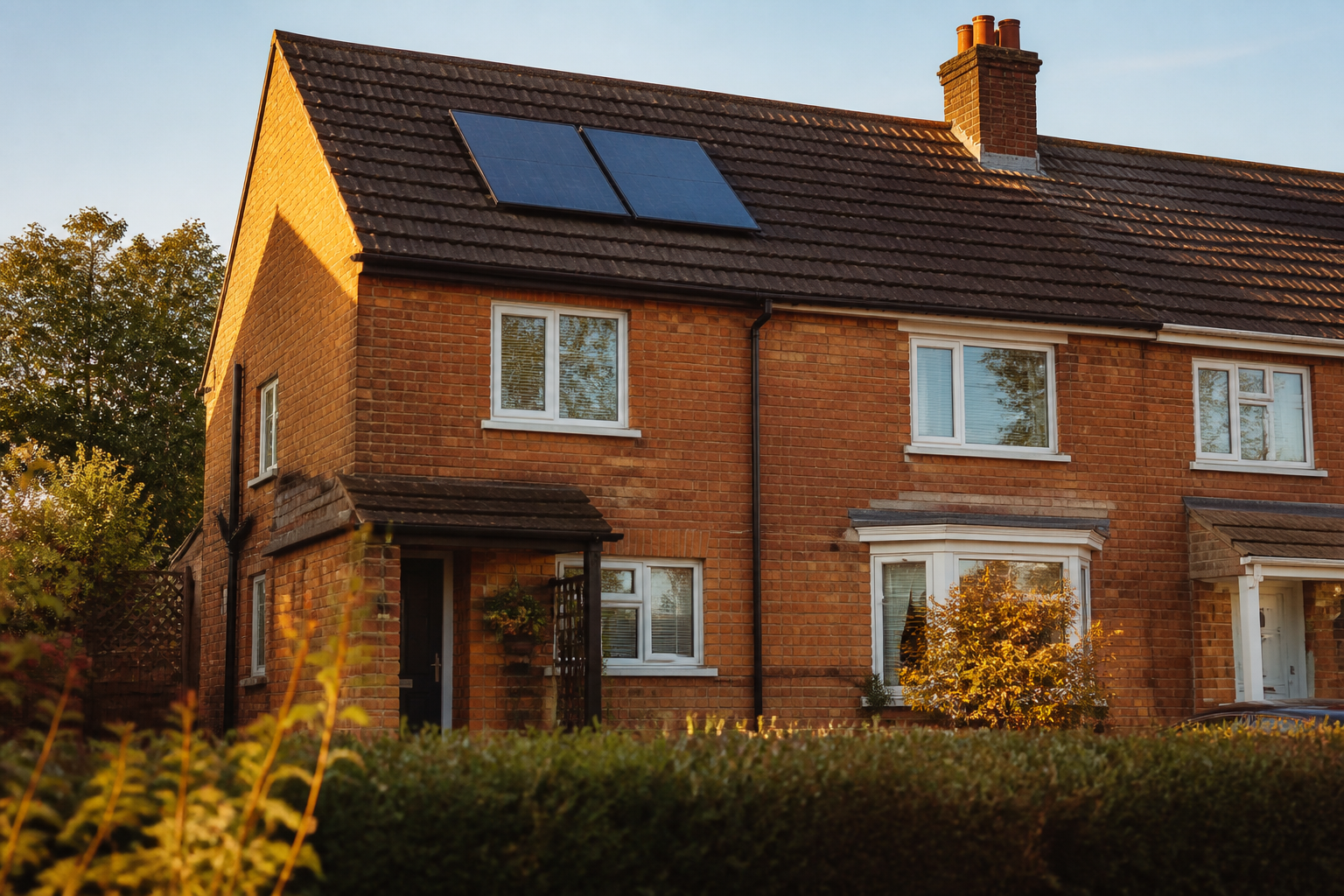 Solar thermal hot water panels mounted on a UK house tile roof on a clear sunny day.