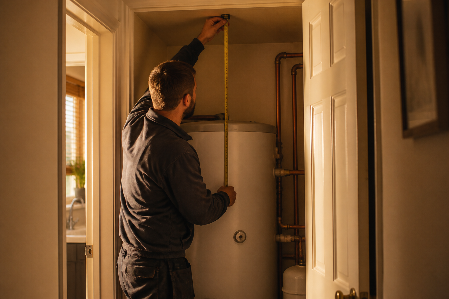 A heating engineer measuring ceiling clearance for a hot water cylinder installation.