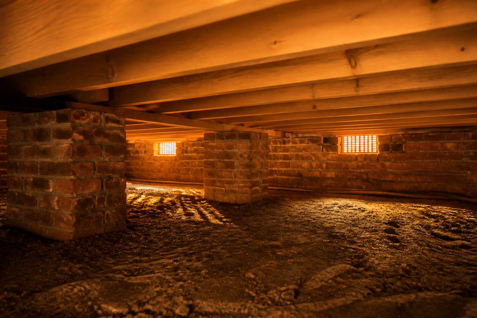 Underfloor crawlspace showing wooden joists and masonry sleeper walls