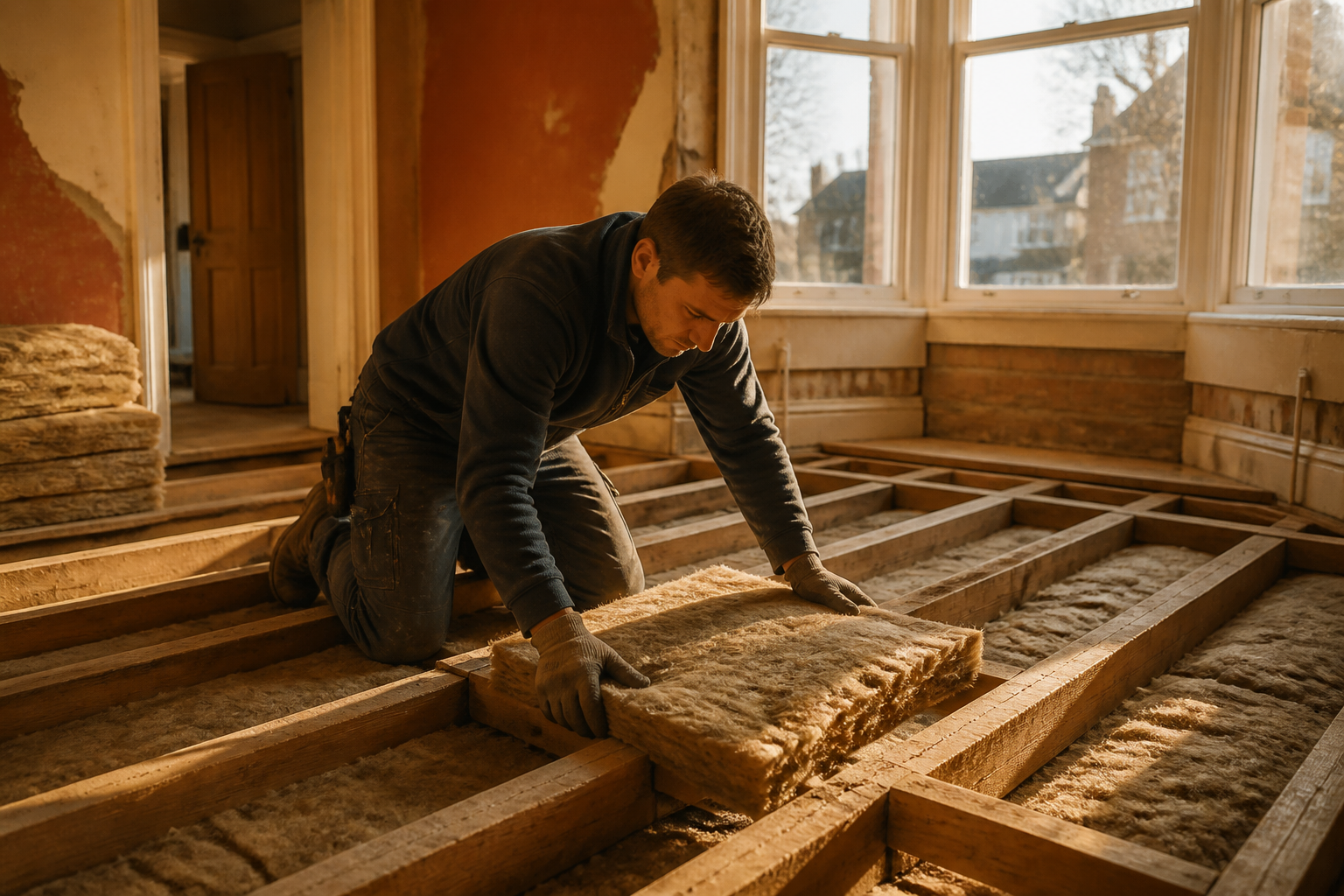 A tradesperson installing insulation between wooden floor joists in a British home