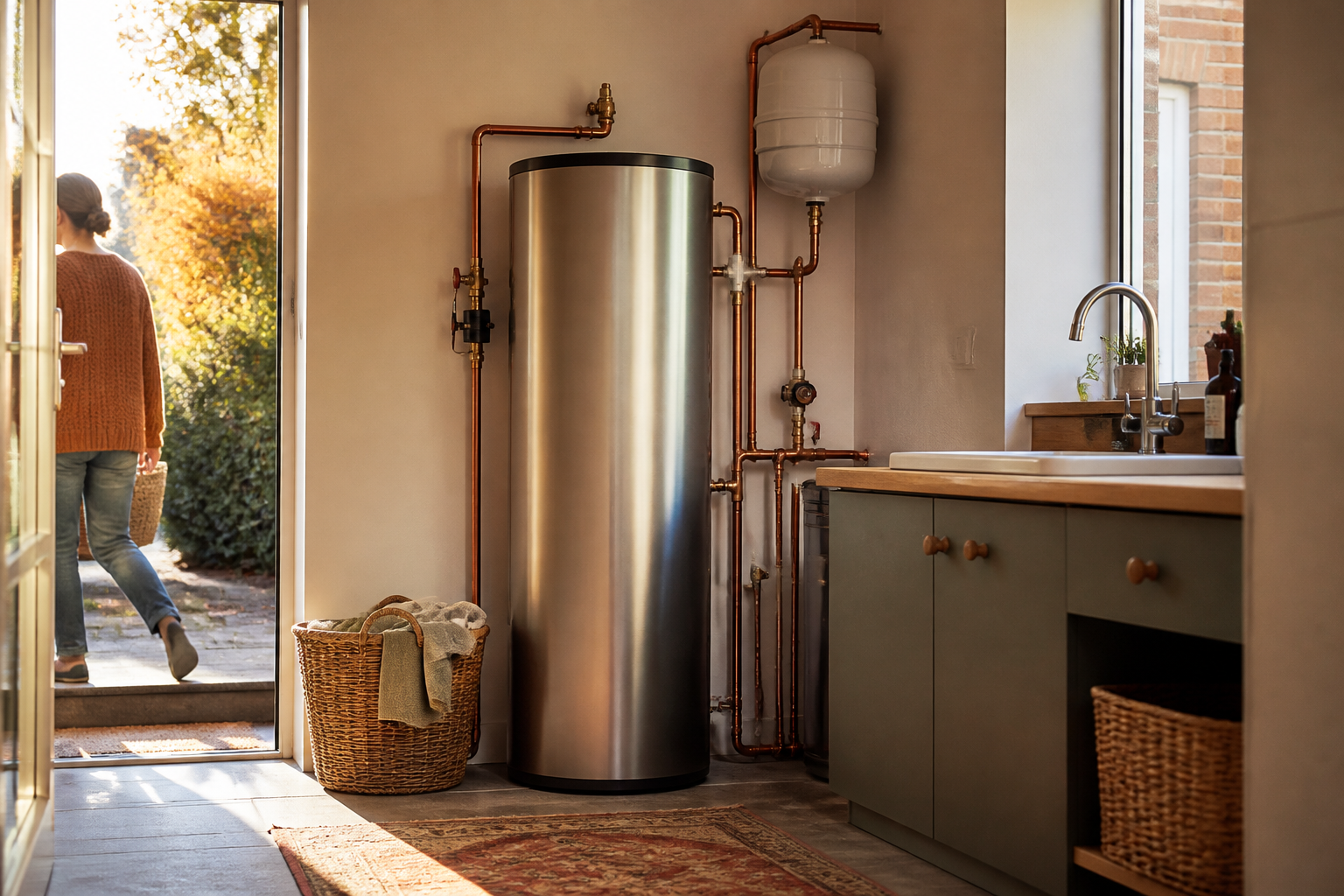Stainless steel unvented hot water cylinder installed in a domestic UK utility room with copper pipework.