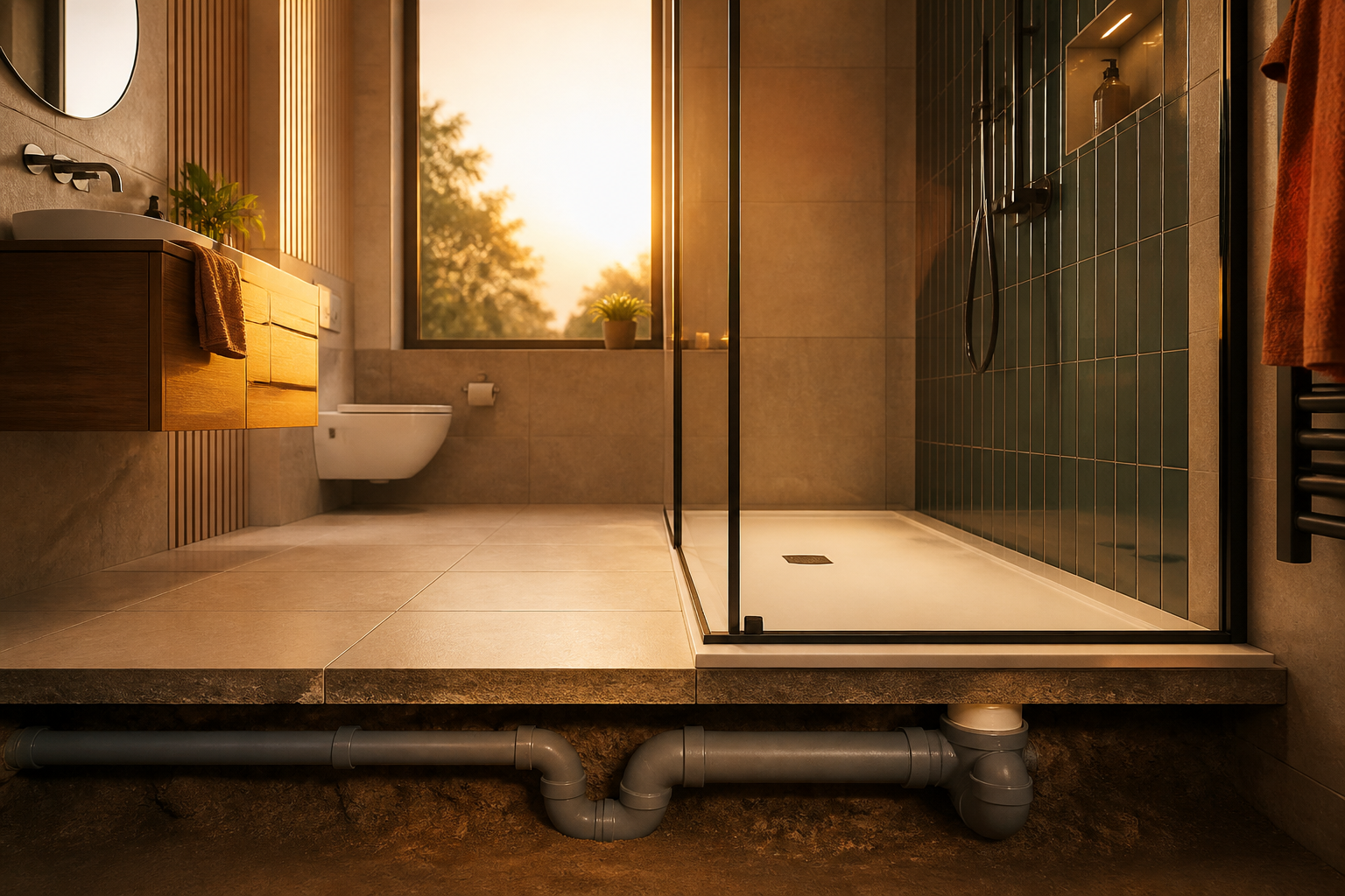 Modern bathroom shower area with concealed drainage pipework where wastewater heat recovery is fitted