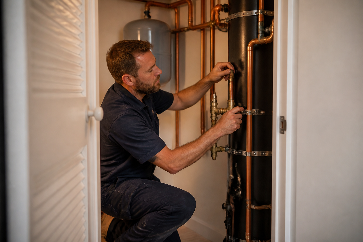 Plumber fitting copper pipework for a vertical wastewater heat recovery system in a home utility room