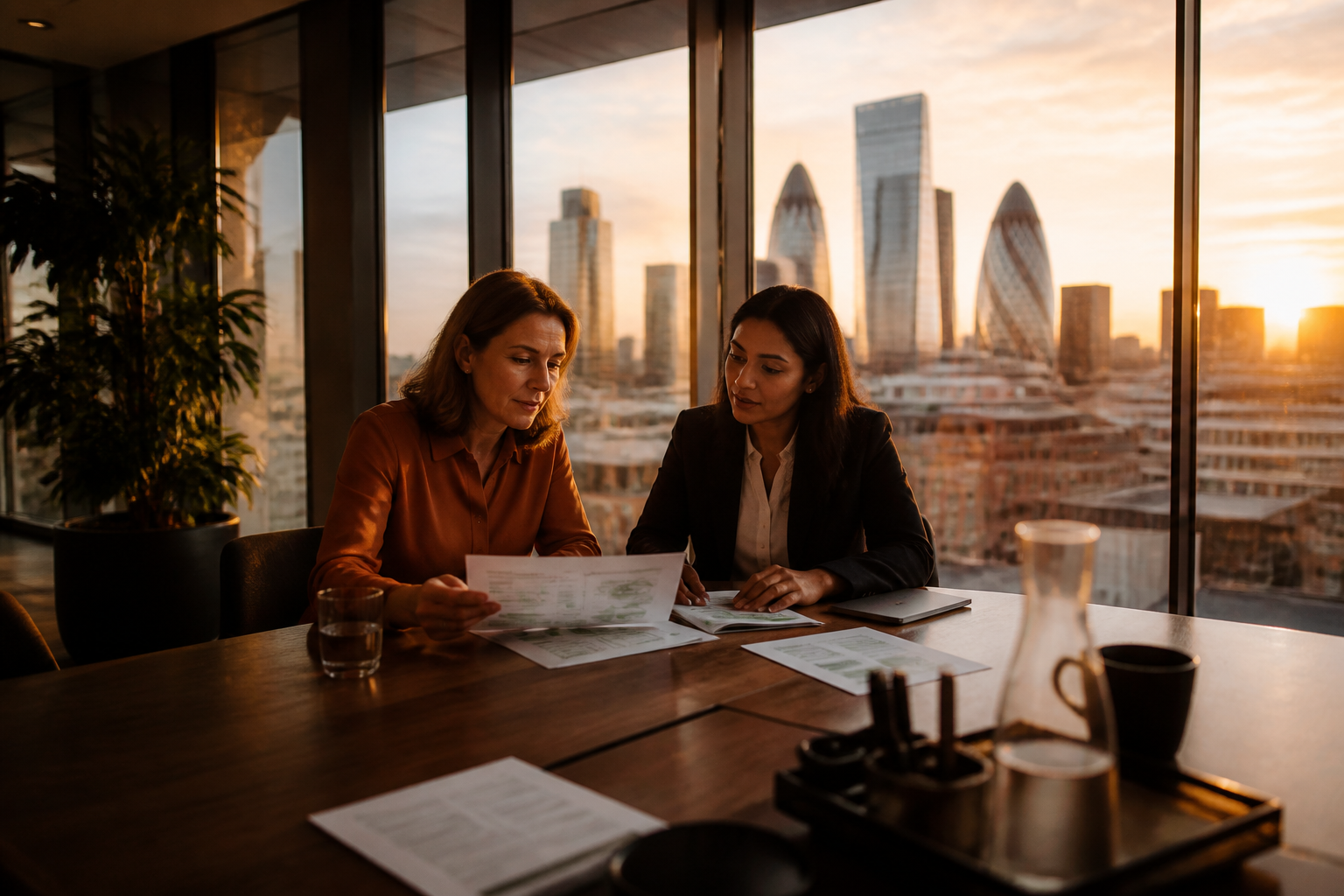 A sustainability manager and HR lead discussing workforce energy plans in a UK office.