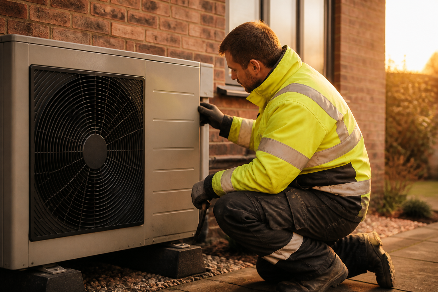 Installer inspecting an outdoor heat pump unit beside a British brick home