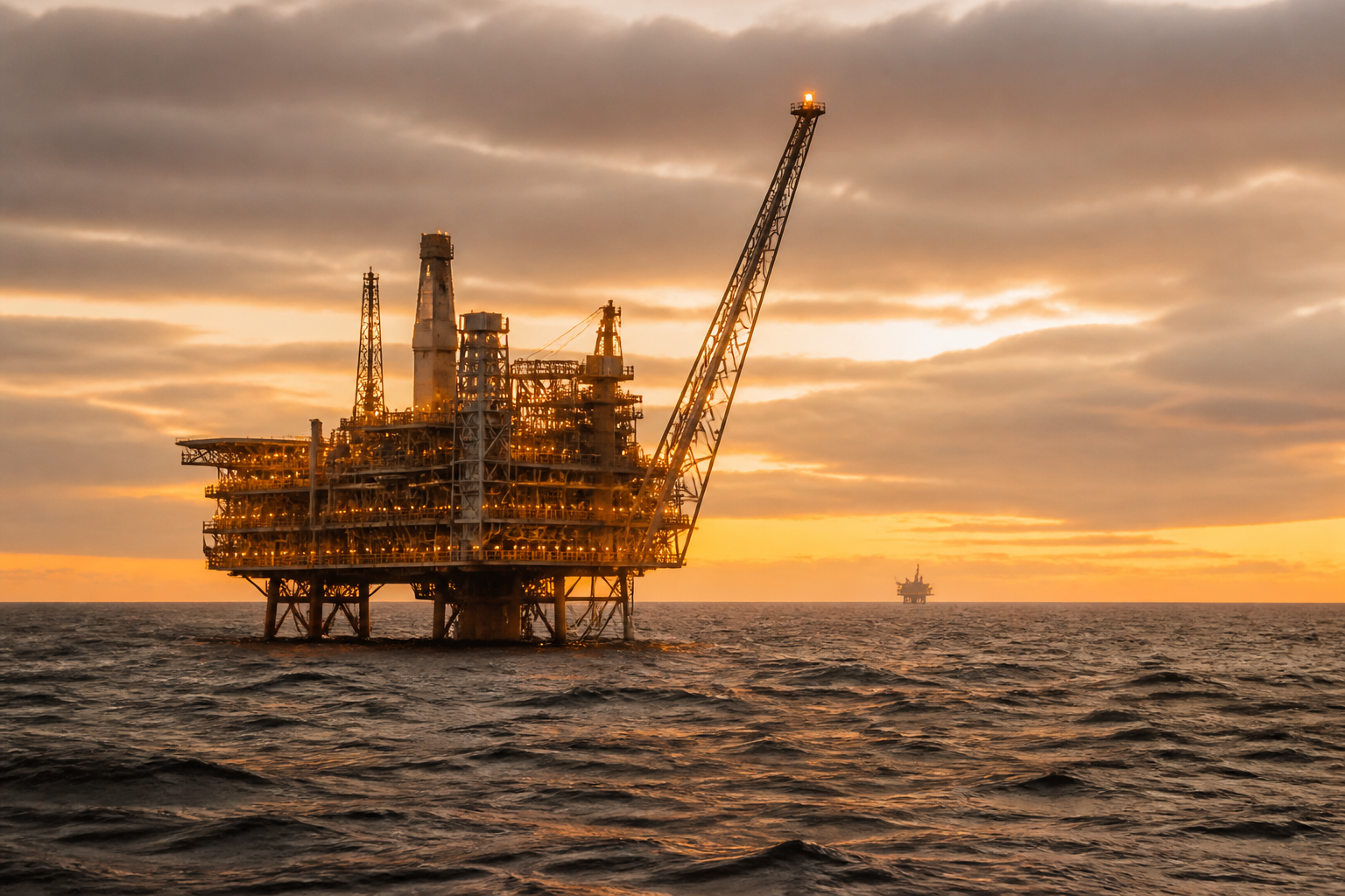 An offshore gas production platform in the North Sea under overcast skies.
